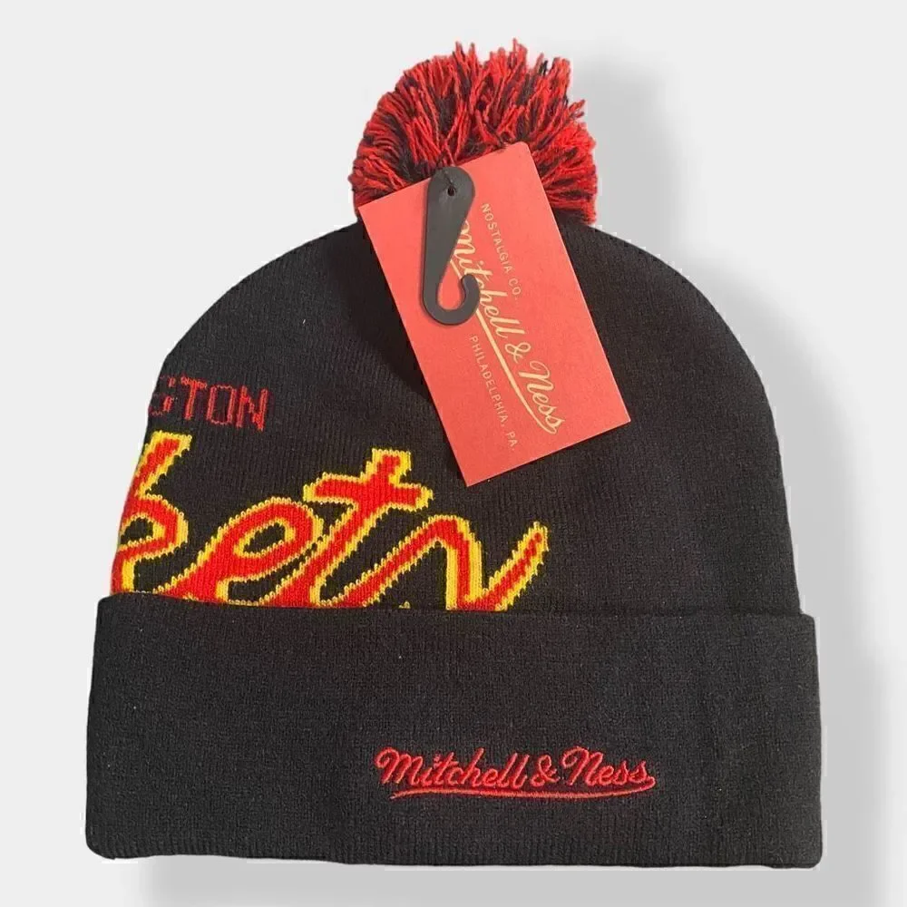 Mitchell & Ness NBA Houston Rockets Script Burst Knit Pom Beanie Brand New (b)